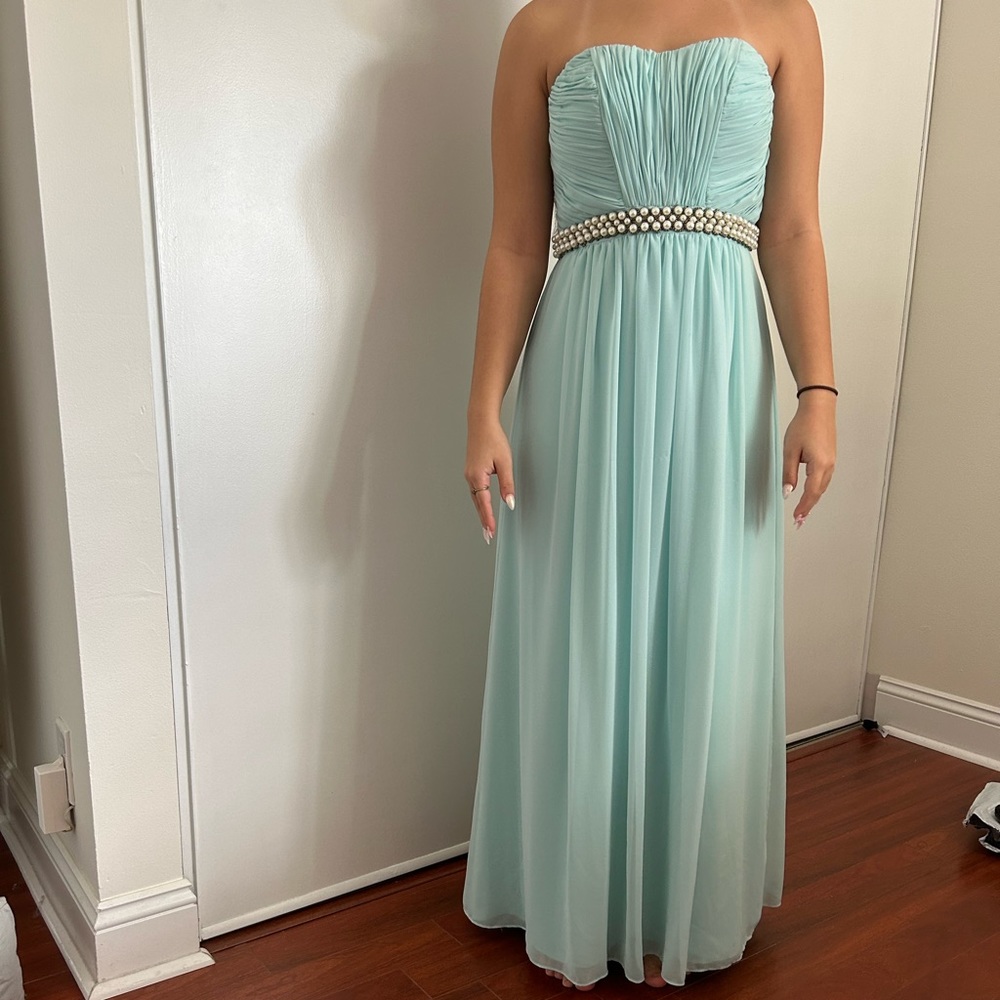 Calvin Klein Aqua green strapless with pearl detail dress